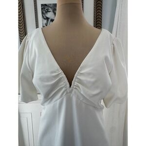 GUESS White V-Neck Ruched Bust Puff Sleeve Midi Dress Size 14